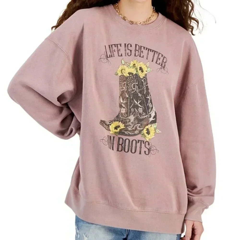 Self Esteem || Life Is Better In Boots Crewneck Sweater Oversize Mauve Large